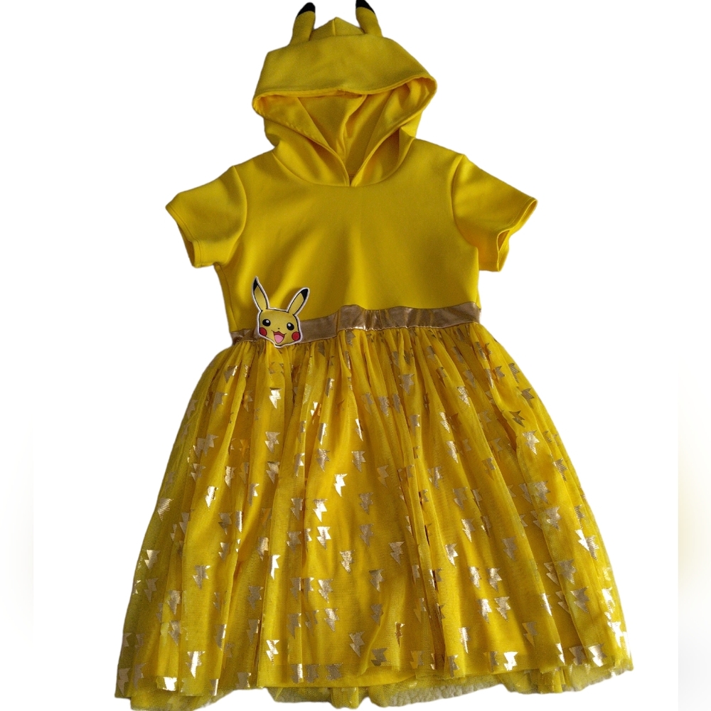 Pokemon Girl's XL 14/16 Pikachu Yellow Hooded Lightening Foil Print Dress